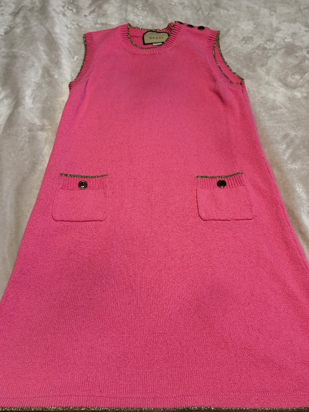 Gucci Size Medium Pink Knit Sleeveless Dress Gold Metallic Trim Pockets w/Button - Picture 2 of 8